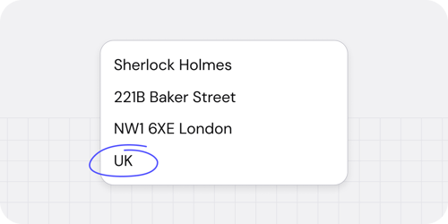 An example of correct UK address formatting.