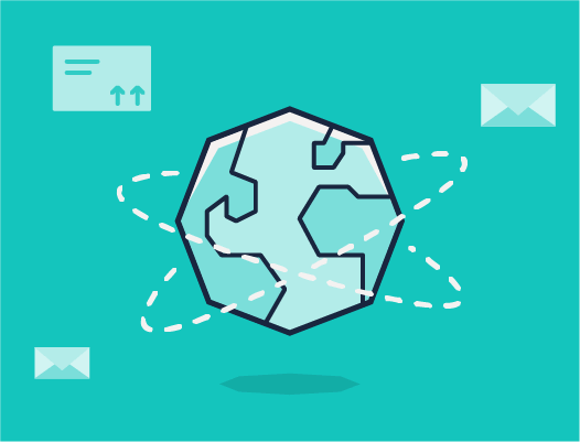 Illustration showing globe surrounded by emails flying to recipients