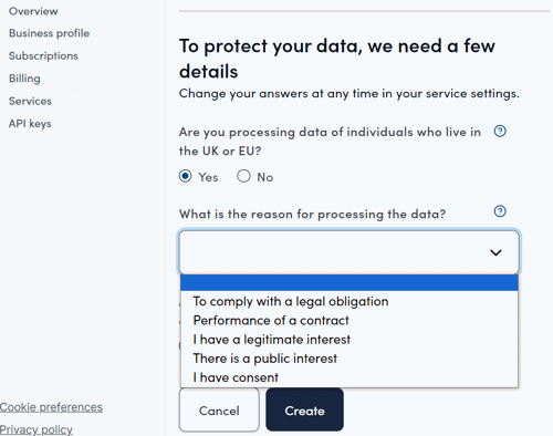 Data protection entry screenshot - what is the reason for processing the data?