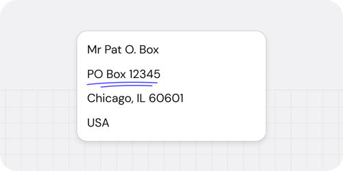An example of correct PO box address formatting.